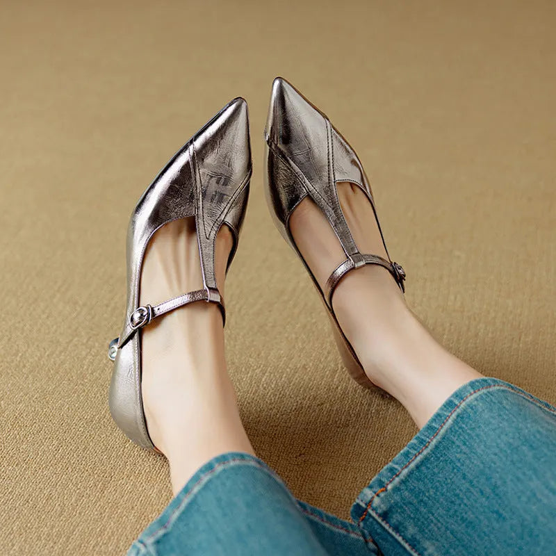 Women's genuine leather Mary Jane shoes with chunky mid heel in gun colour and pink