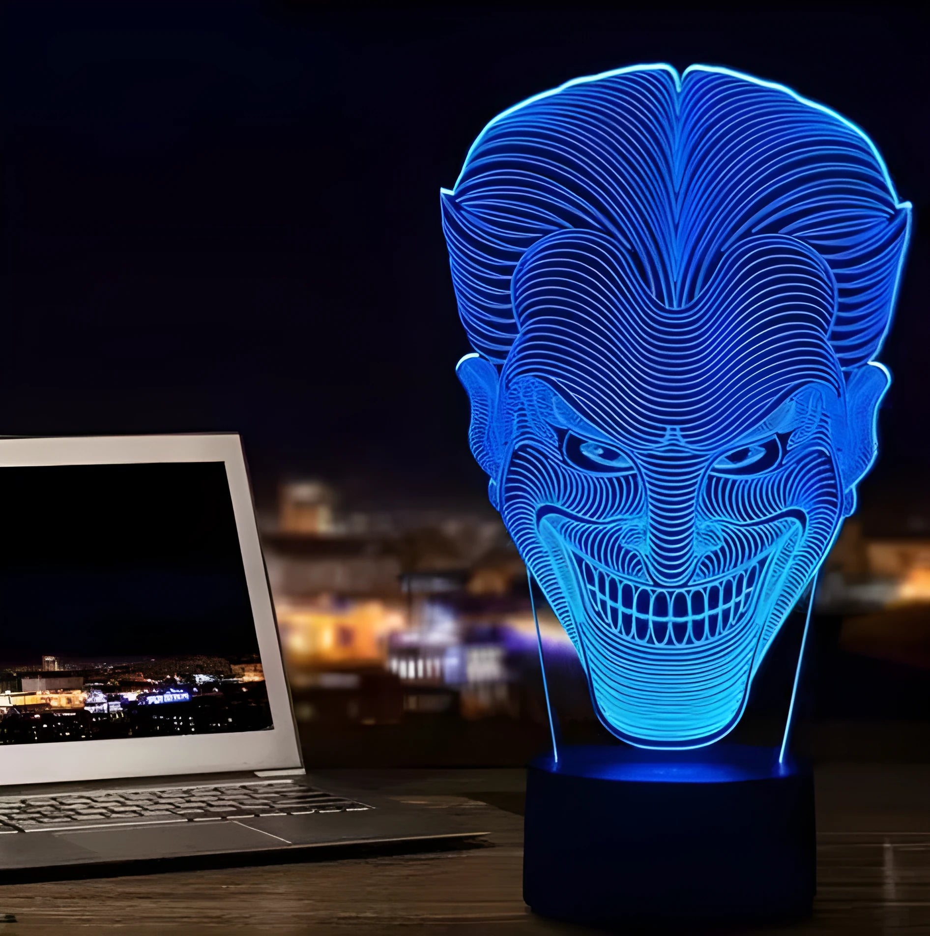 USB-powered 3D acrylic LED table lamp showing multiple colour options and remote control.