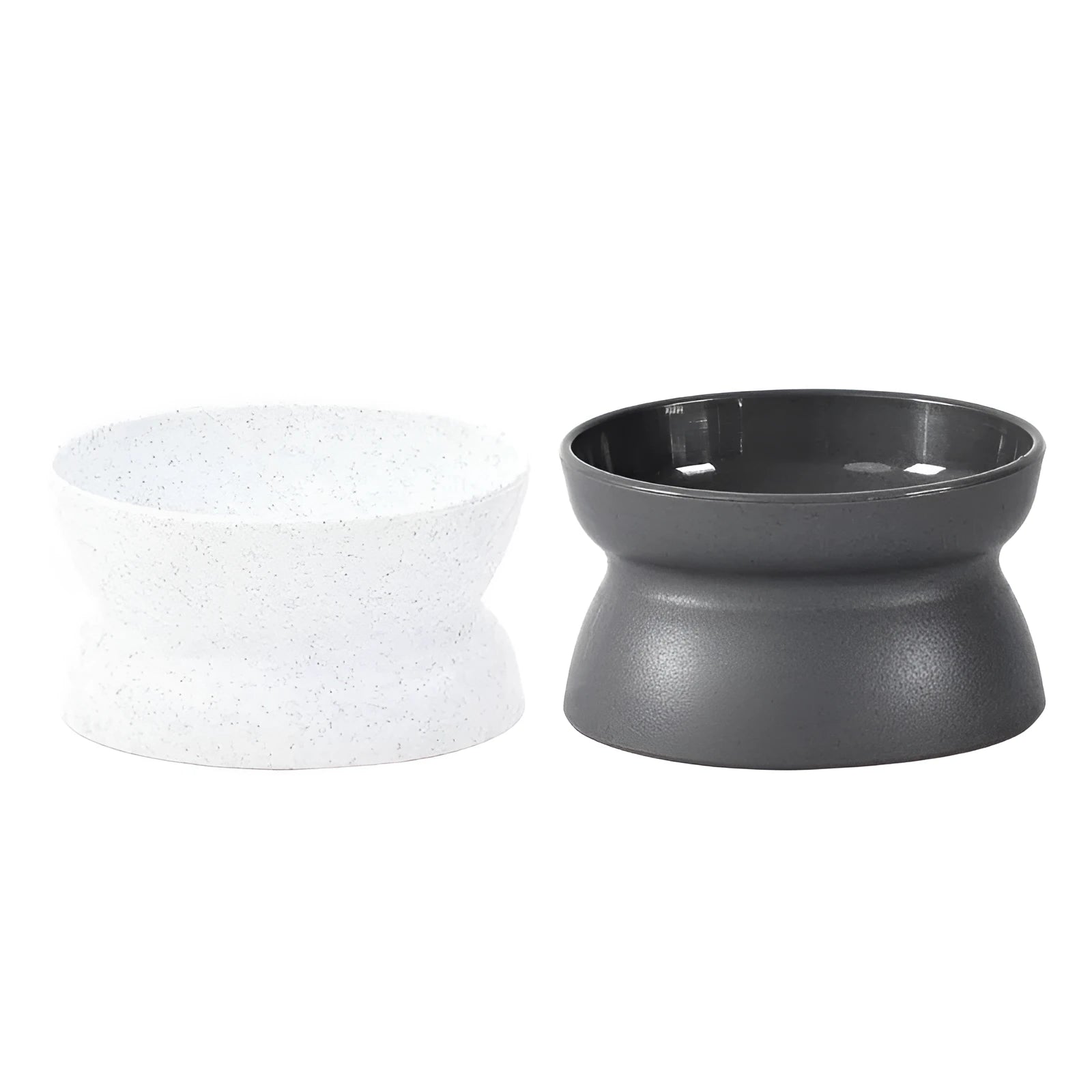 Grey elevated cat bowl with pedestal design, oval shape, on a light background
