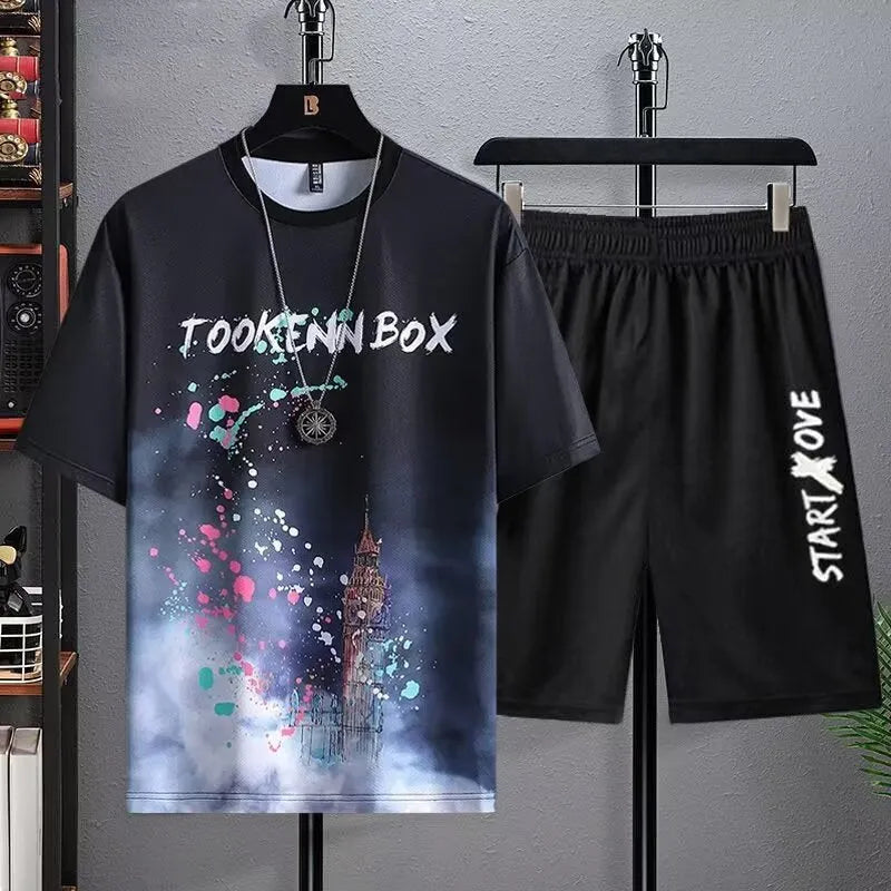 Men's polyester summer shorts suit set with short sleeve top in sports leisure style