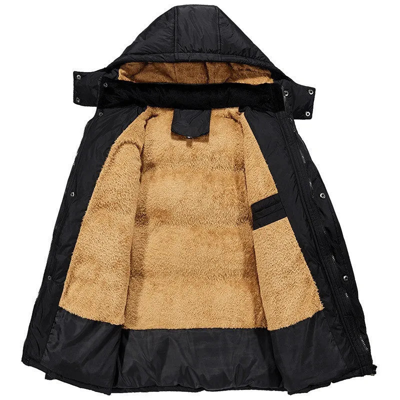 Men's black velvet padded winter jacket with double-breasted placket and hood, loose fit design