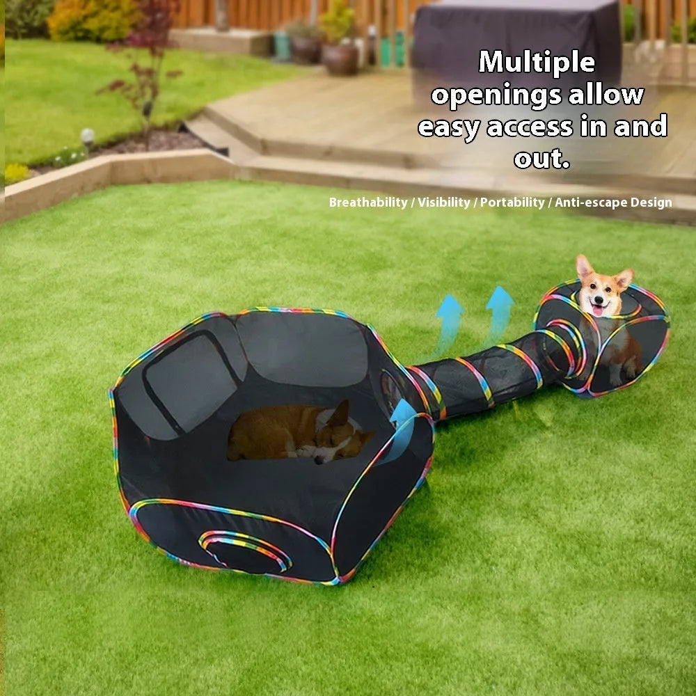 Foldable mesh cat play tent in hexagonal style showing mesh construction and interior space