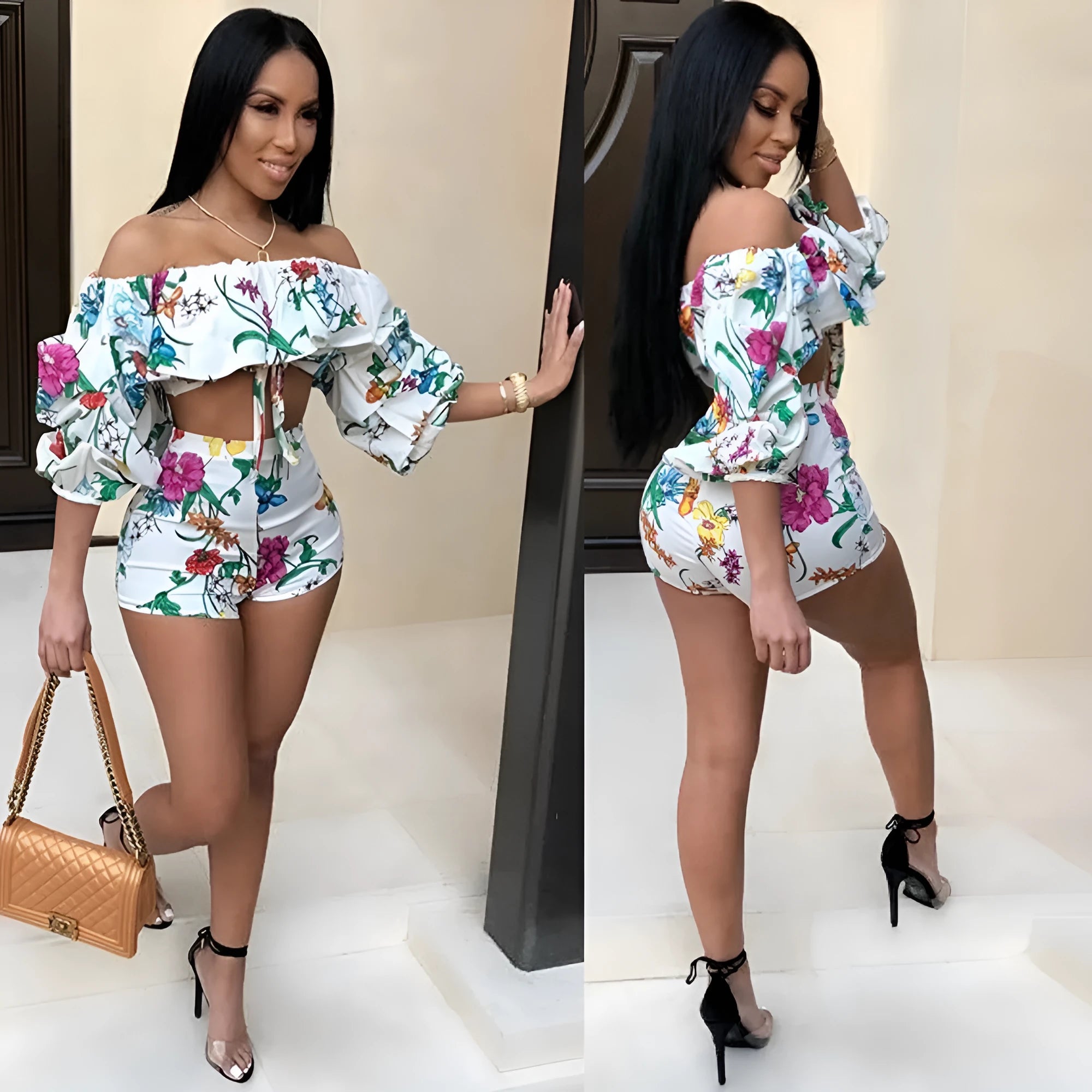 Women's multicolour digital printed two-piece pants suit with pile sleeves and matching shorts