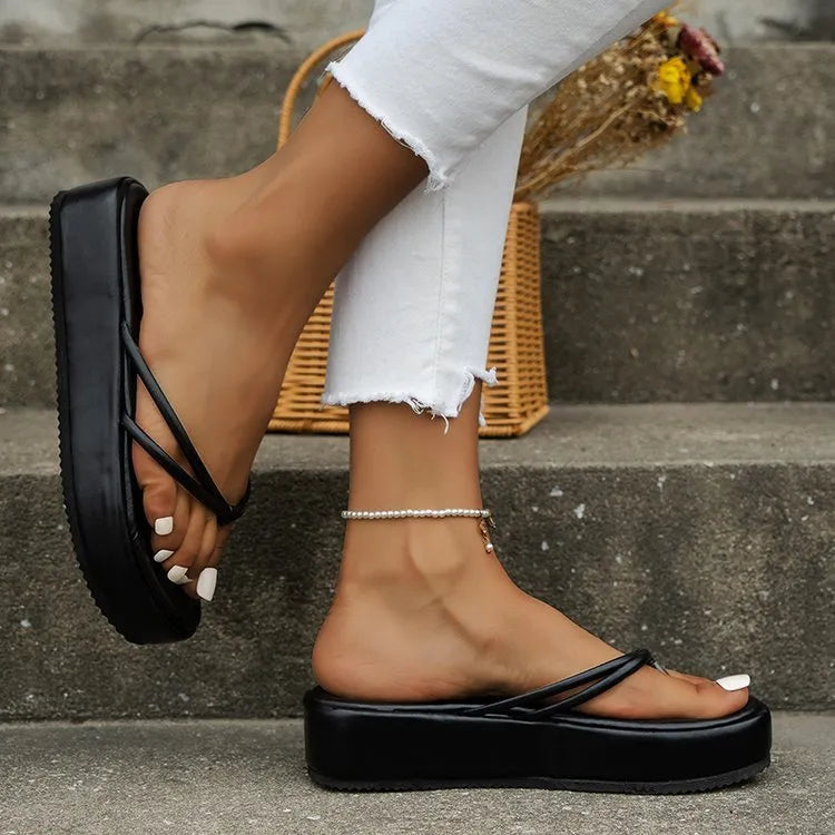 Women's thick bottom flip-flops with herringbone pattern PU upper in multiple colour options