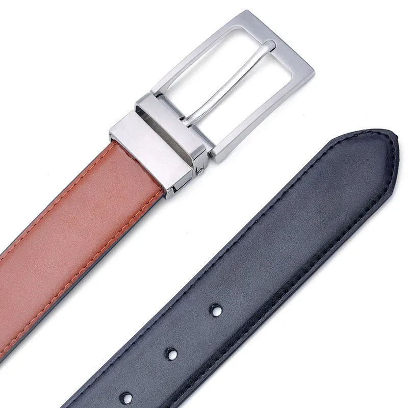 Men's brown and black casual leather belt with rotating pin buckle showing alloy fastener and two-layer cowhide construction