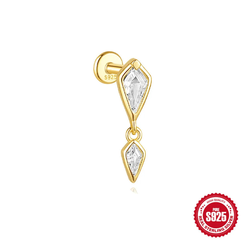 S925 sterling silver geometric kite earring with rhinestones and a chain tassel in a gold colour.