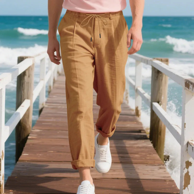 Men's linen straight leg trousers in army green with drawstring waist