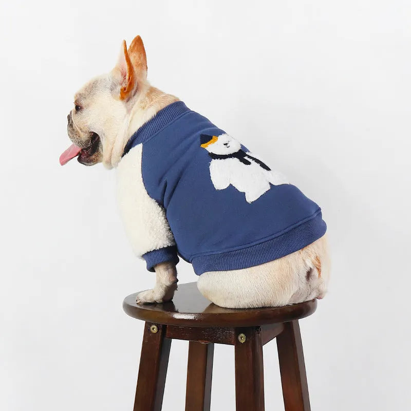 Dark blue cotton winter dog coat with thick fleece lining on a white background