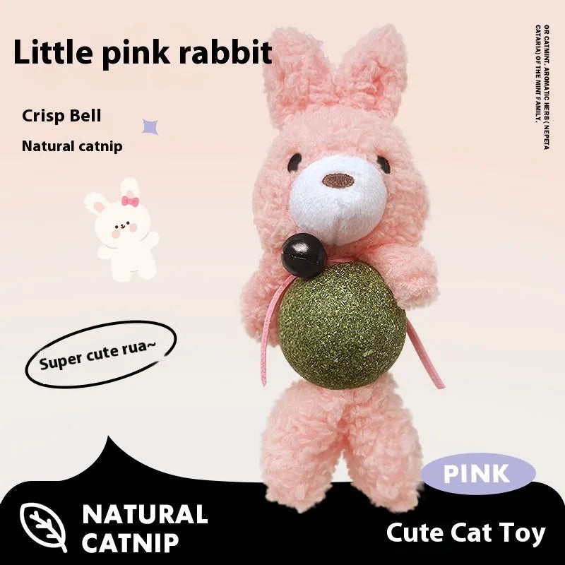Plush catnip ball toy in brown bear design with bell, measuring 15cm tall for kitten biting play