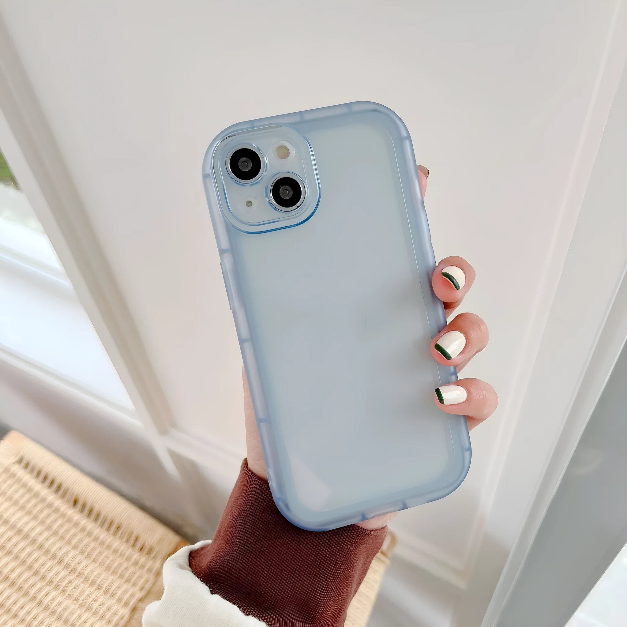 Transparent TPU candy case for iPhone 13 back cover in blue showing solid colour slim fit design