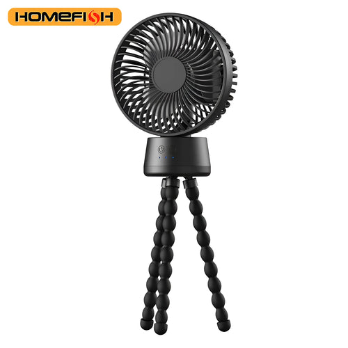 HOMEFISH F2 automatic oscillating stroller fan with LED light and removable mount on a pram.