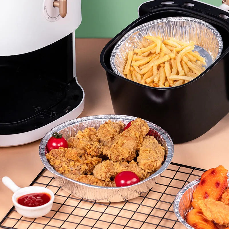 Round disposable aluminium foil liner for air fryer with 4cm high edges, 8 inch size, on a white background