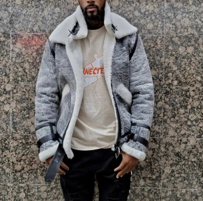 Men's off-white polyester jacket with large fur collar, zipper closure, loose fit in grey colour