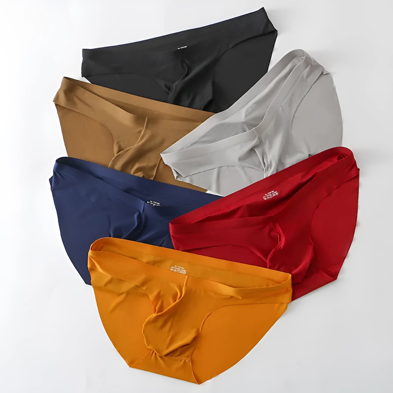 Men's black ice silk seamless briefs with a defined bullet pouch contour.