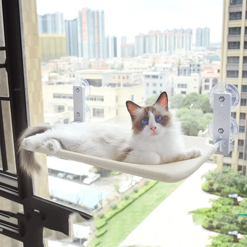 Cat resting on a suction cup window hammock made of plush fabric and steel in beige colour