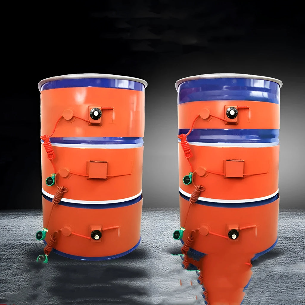 Silicone rubber heating belt wrapped around a 200-litre oil drum with a digital control unit.