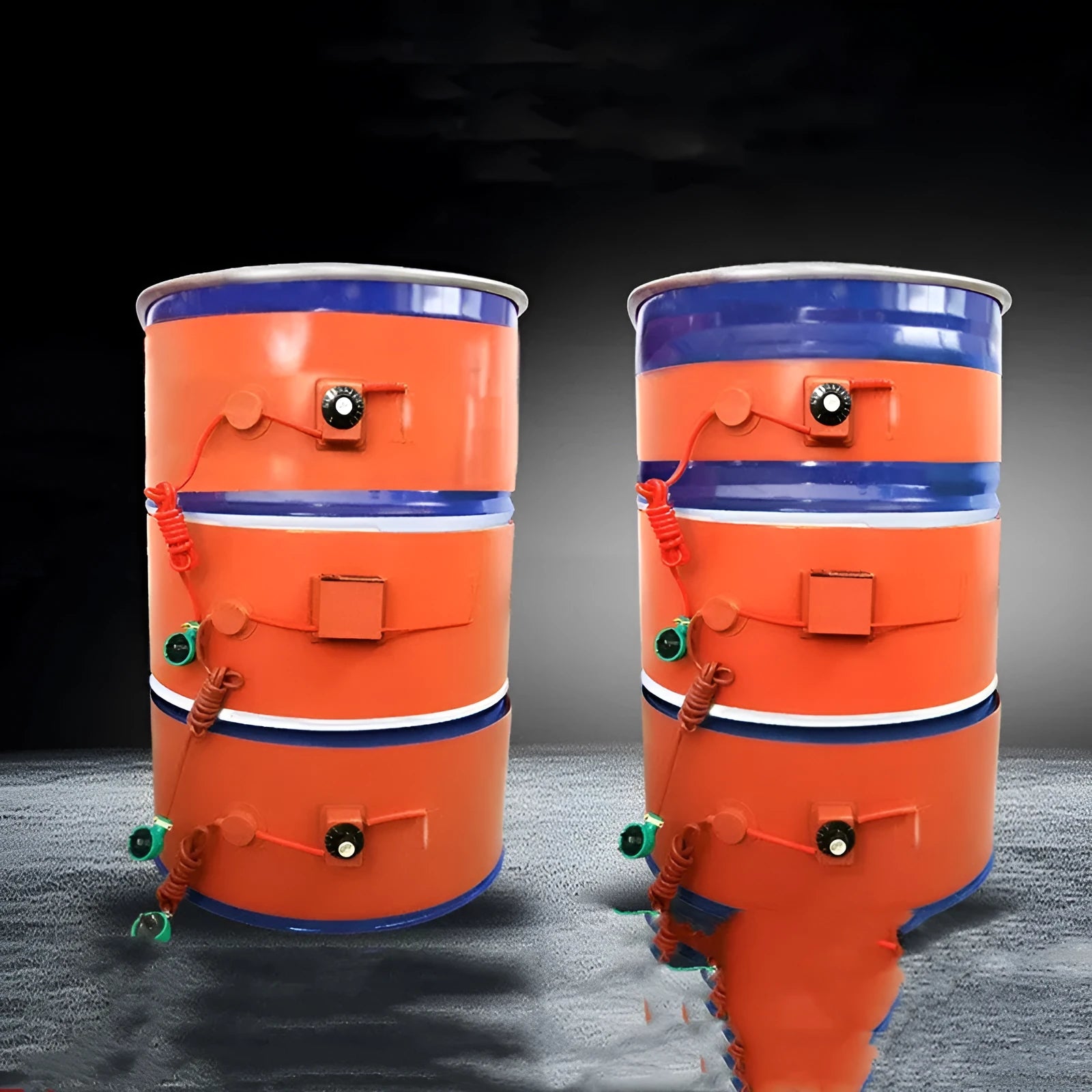 Silicone rubber heating belt wrapped around a 200-litre oil drum with a digital control unit.
