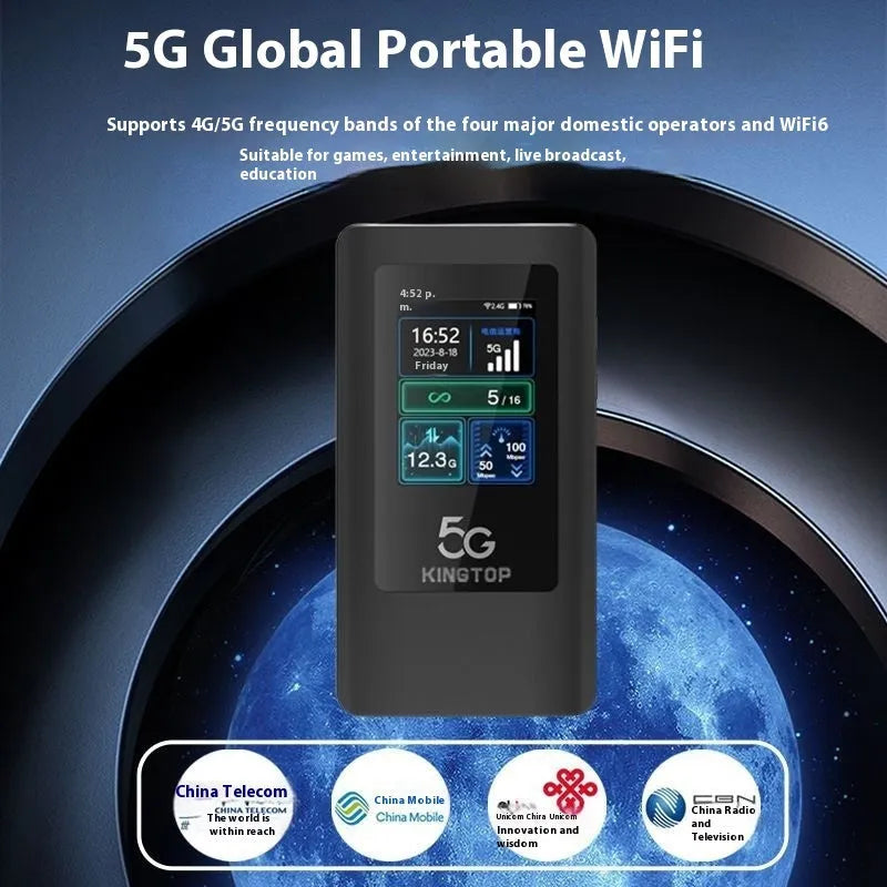 Black 5G portable Wi-Fi router with LCD display showing 4400mAh battery and TYPE-C port