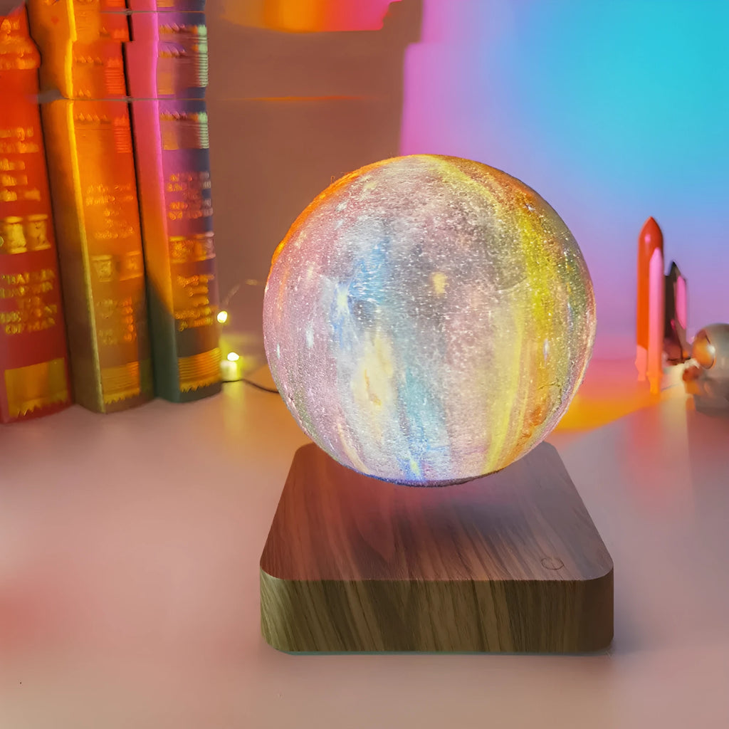 Square walnut magnetic levitation galaxy moon lamp floating above its circular base.