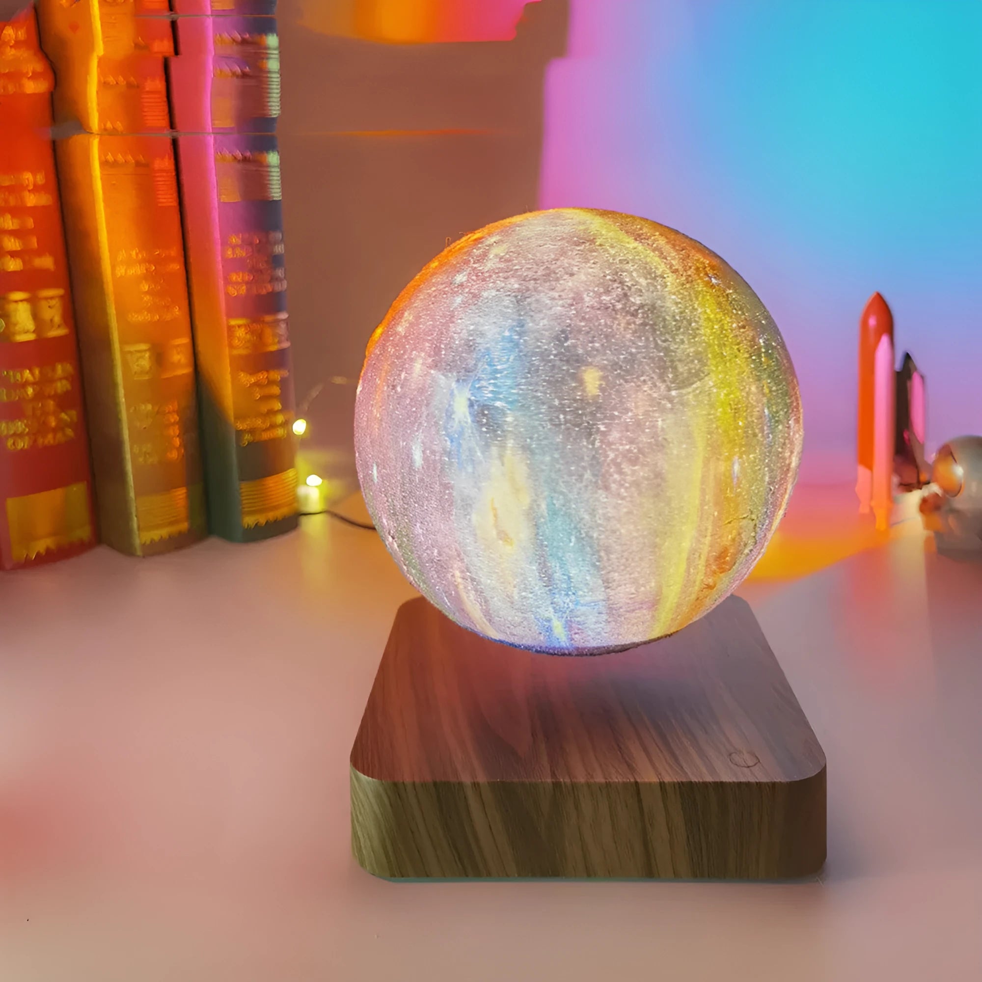 Square walnut magnetic levitation galaxy moon lamp floating above its circular base.