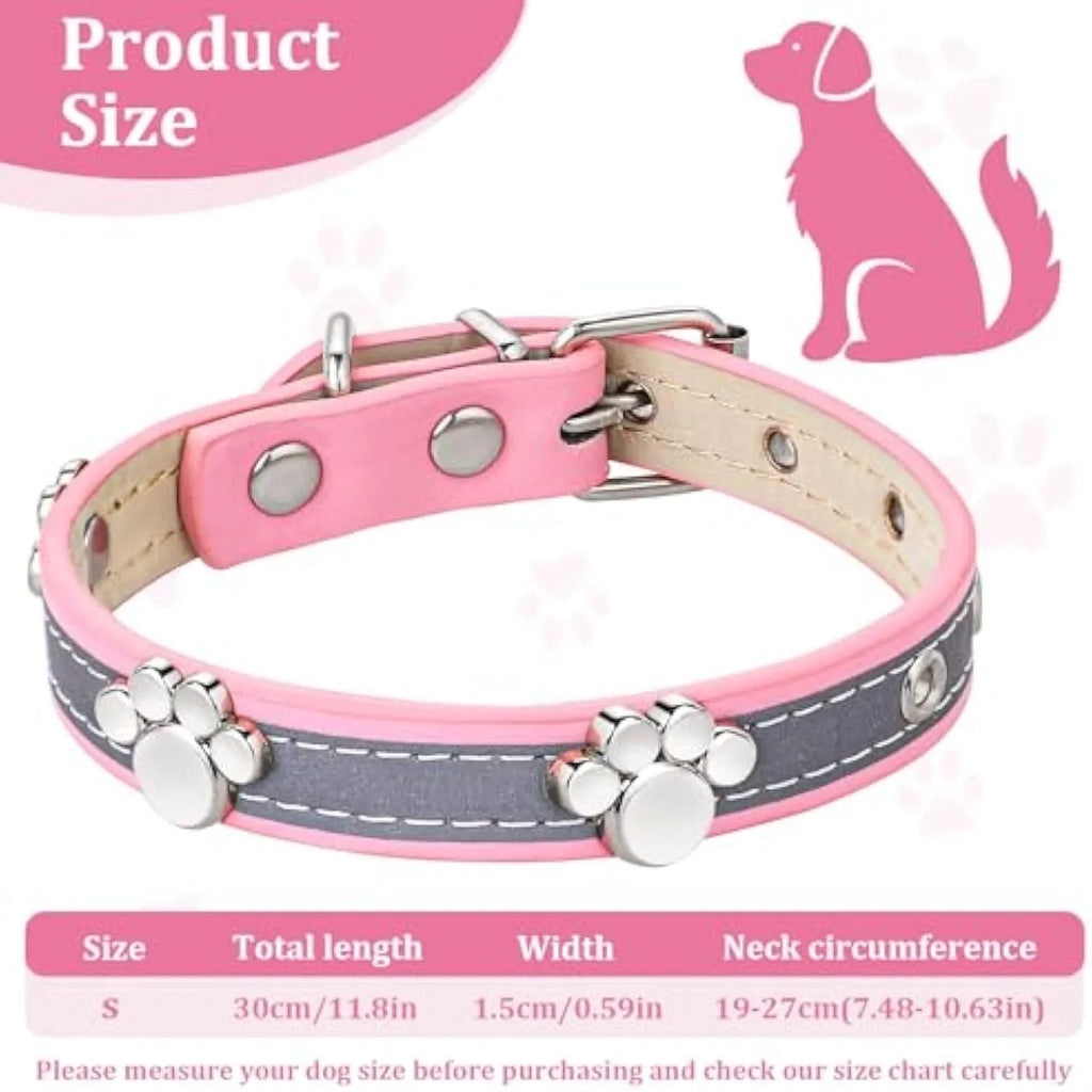 Reflective dog collar with adjustable PU leather strap and decorative paw print metal rivets