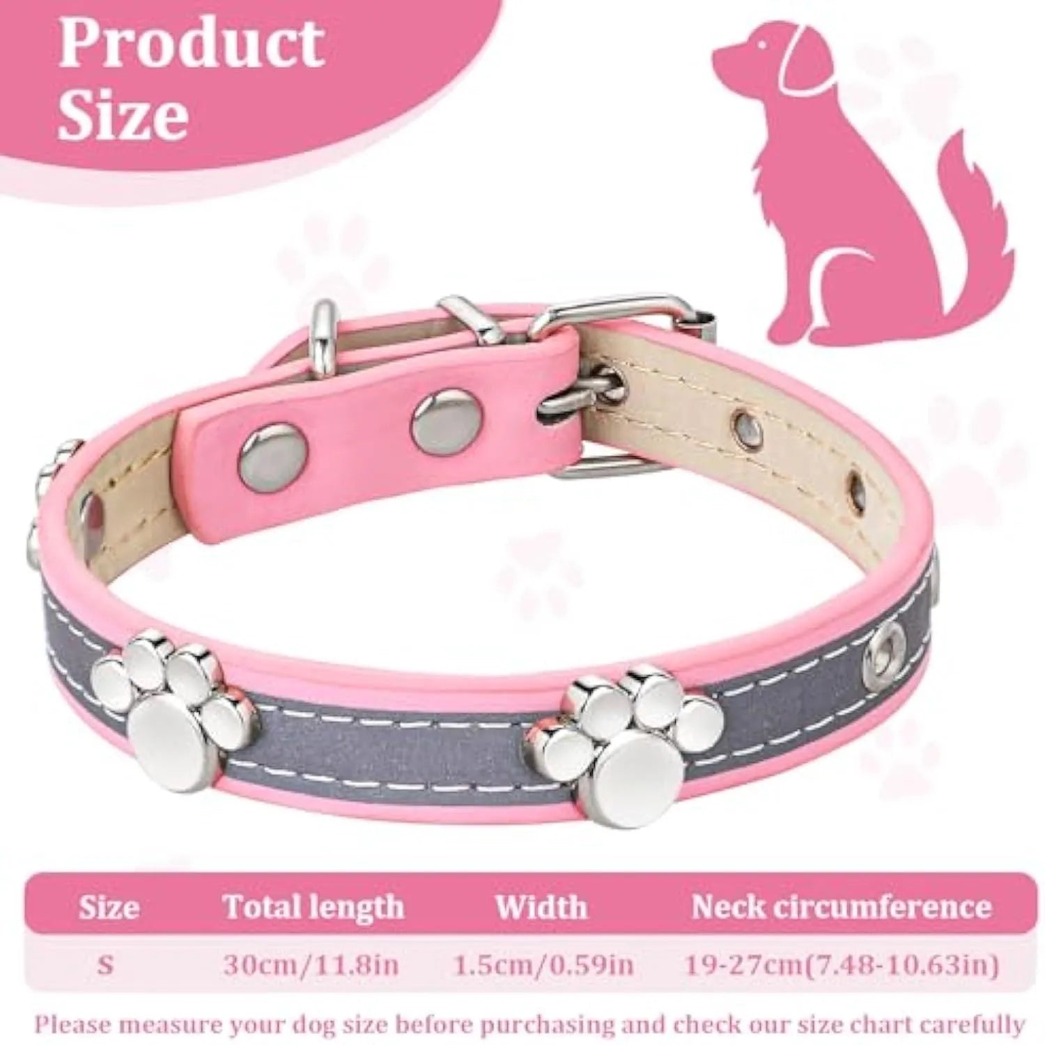 Reflective dog collar with adjustable PU leather strap and decorative paw print metal rivets