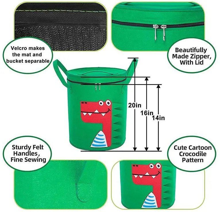 Green felt cube storage bag with pull rope, laid flat as a play mat for toys.