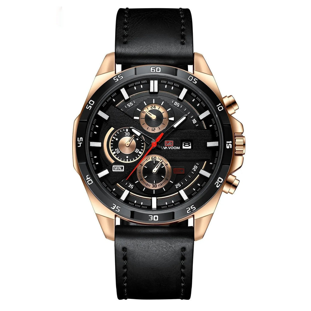 Men's casual quartz watch with business calendar on black leather strap and rose gold case.