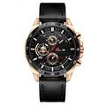 Men's casual quartz watch with business calendar on black leather strap and rose gold case.