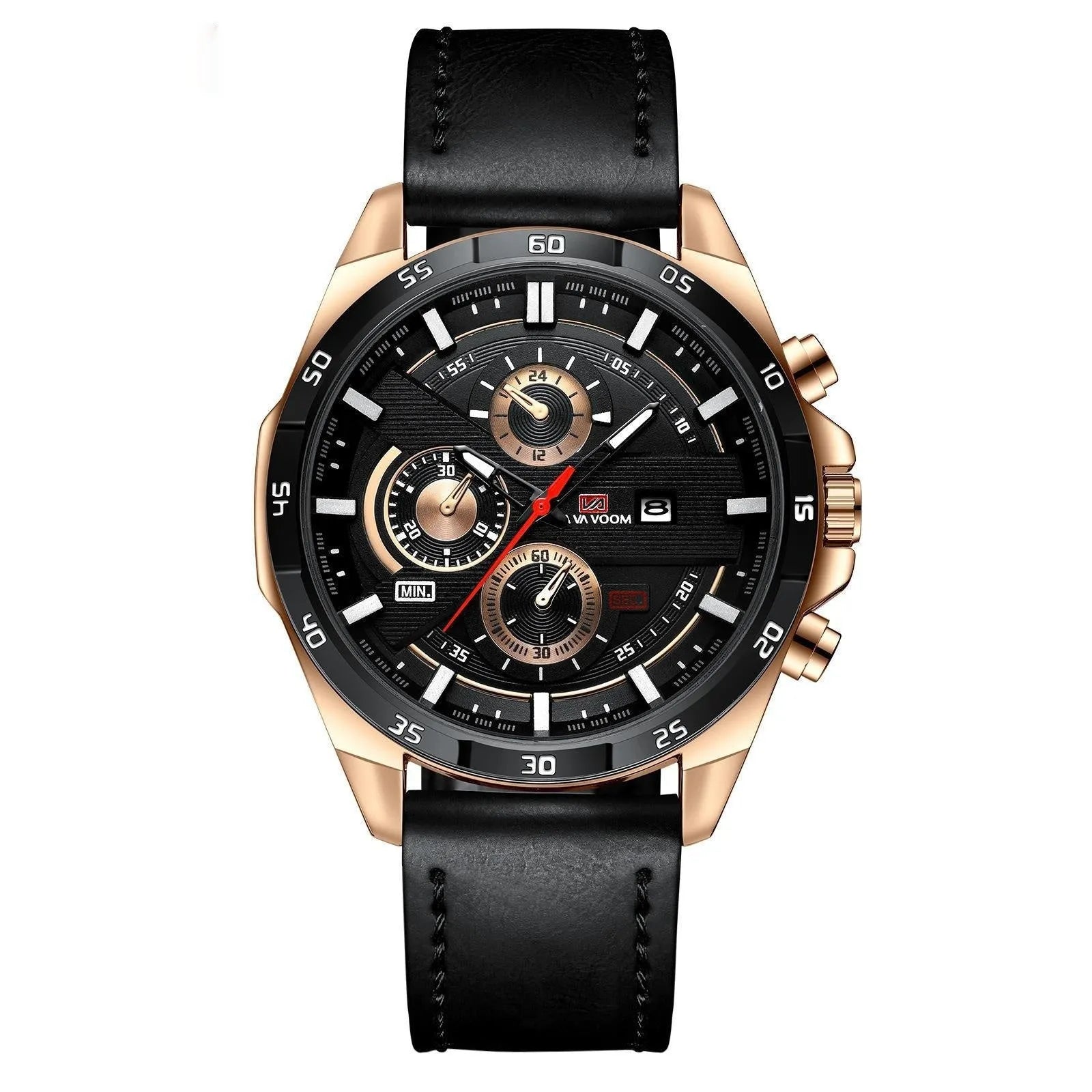 Men's casual quartz watch with business calendar on black leather strap and rose gold case.