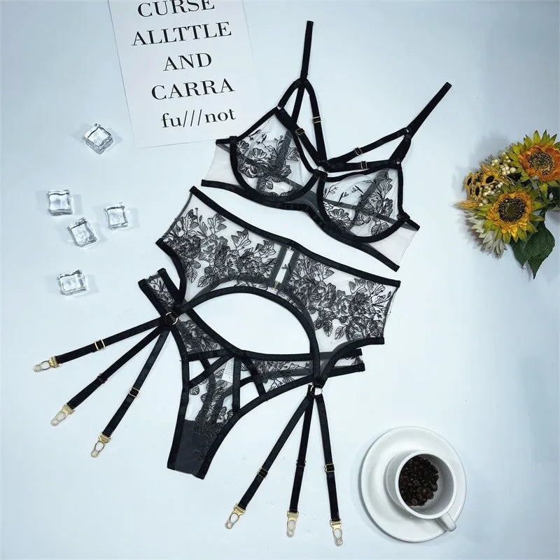 Black lace mesh floral print women's three-piece set with top, pants, and waist ring