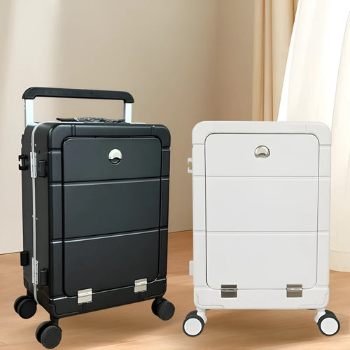 20-inch front opening suitcase in titanium silver colour with wet-dry separation compartments and universal wheels.