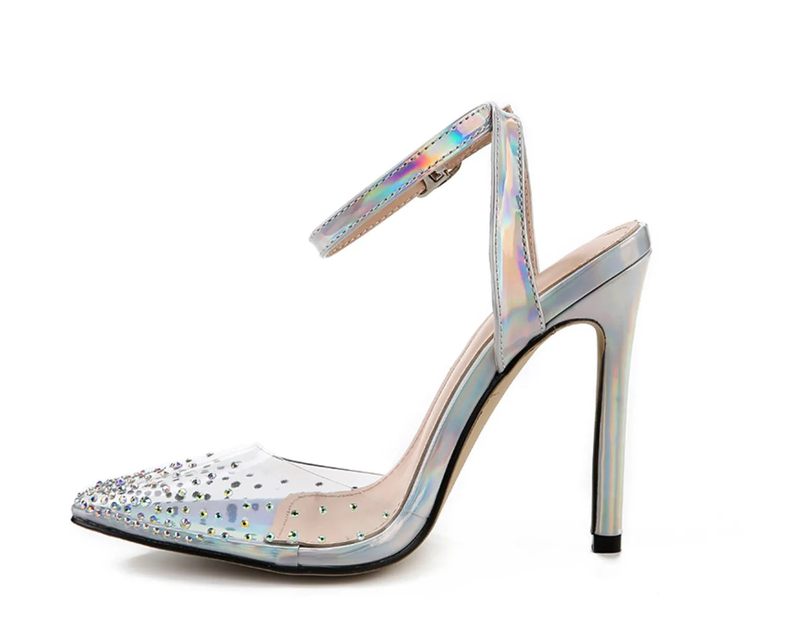 Women's pointed diamond sandals with stiletto heels and PVC upper material