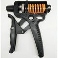 Black adjustable finger trainer grip strength exerciser with ABS and metal construction on a plain background