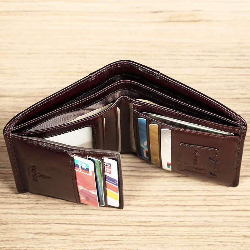 Men's leather wallet showing internal compartments for banknotes, cards, coins, and documents