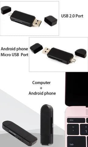 Smart Three-In-One Card Reader with micro USB and USB 2.0 connectors for Android devices, Black, ABS casing
