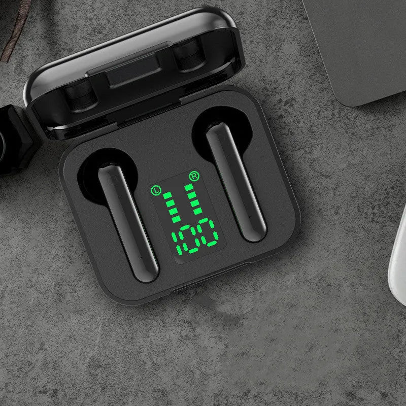 Wireless semi-in-ear headphones in black with charging case, 30mAh battery, 3-hour use