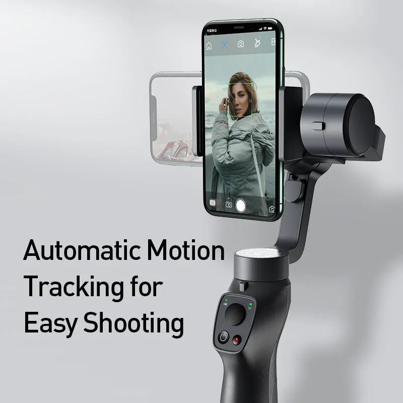 Black handheld three-axis stabiliser for mobile phones with ABS+PC frame and clamp open for a smartphone