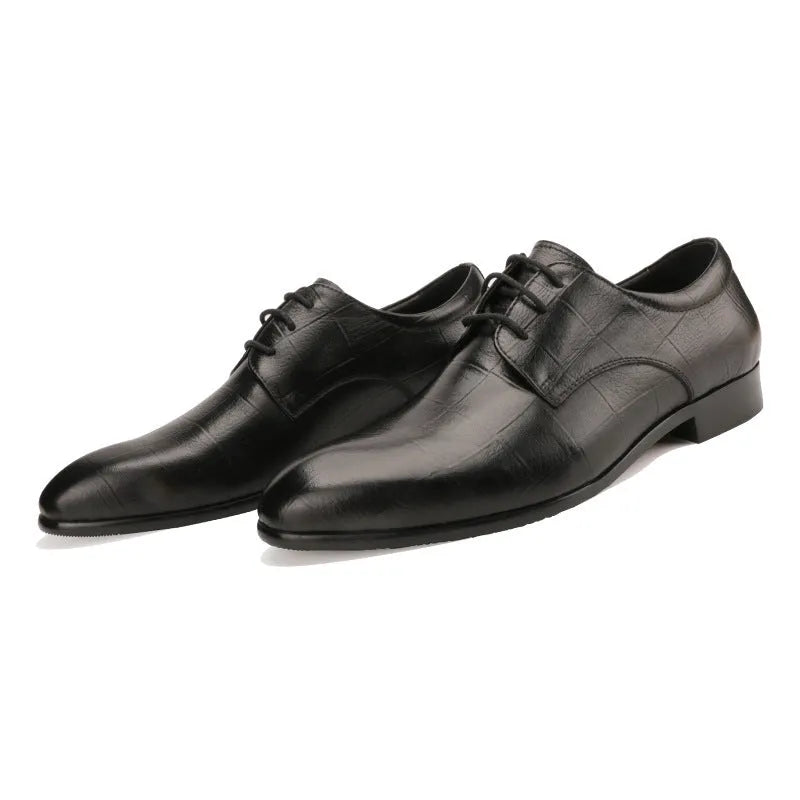 Men's black checkered leather derby shoes with pointed toe and rubber sole