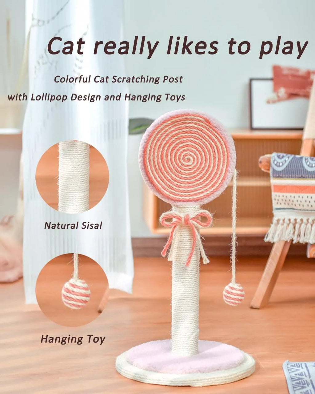 Blue cat scratching post with sisal rope and a hanging yellow ball on a sturdy base.