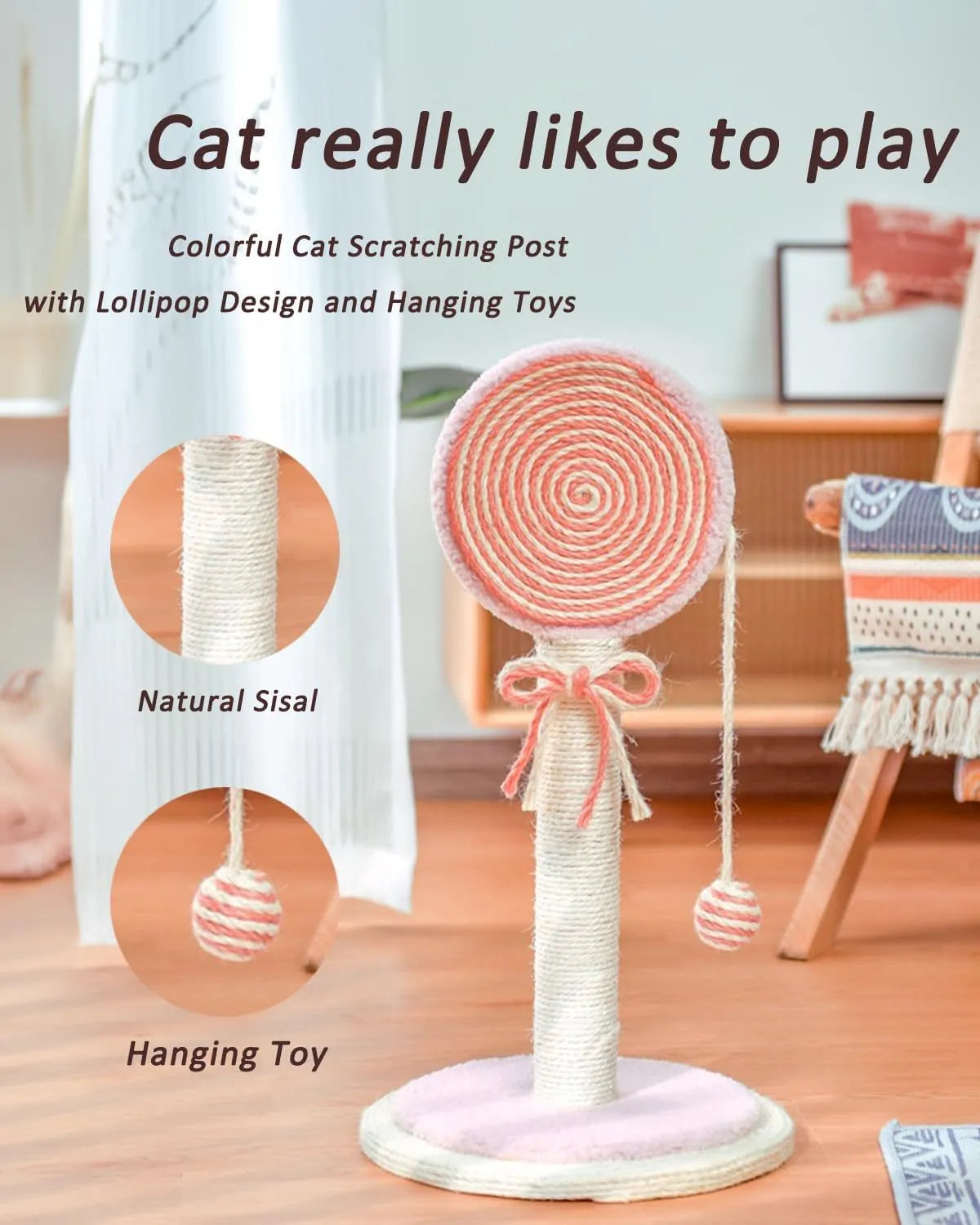 Blue cat scratching post with sisal rope and a hanging yellow ball on a sturdy base.