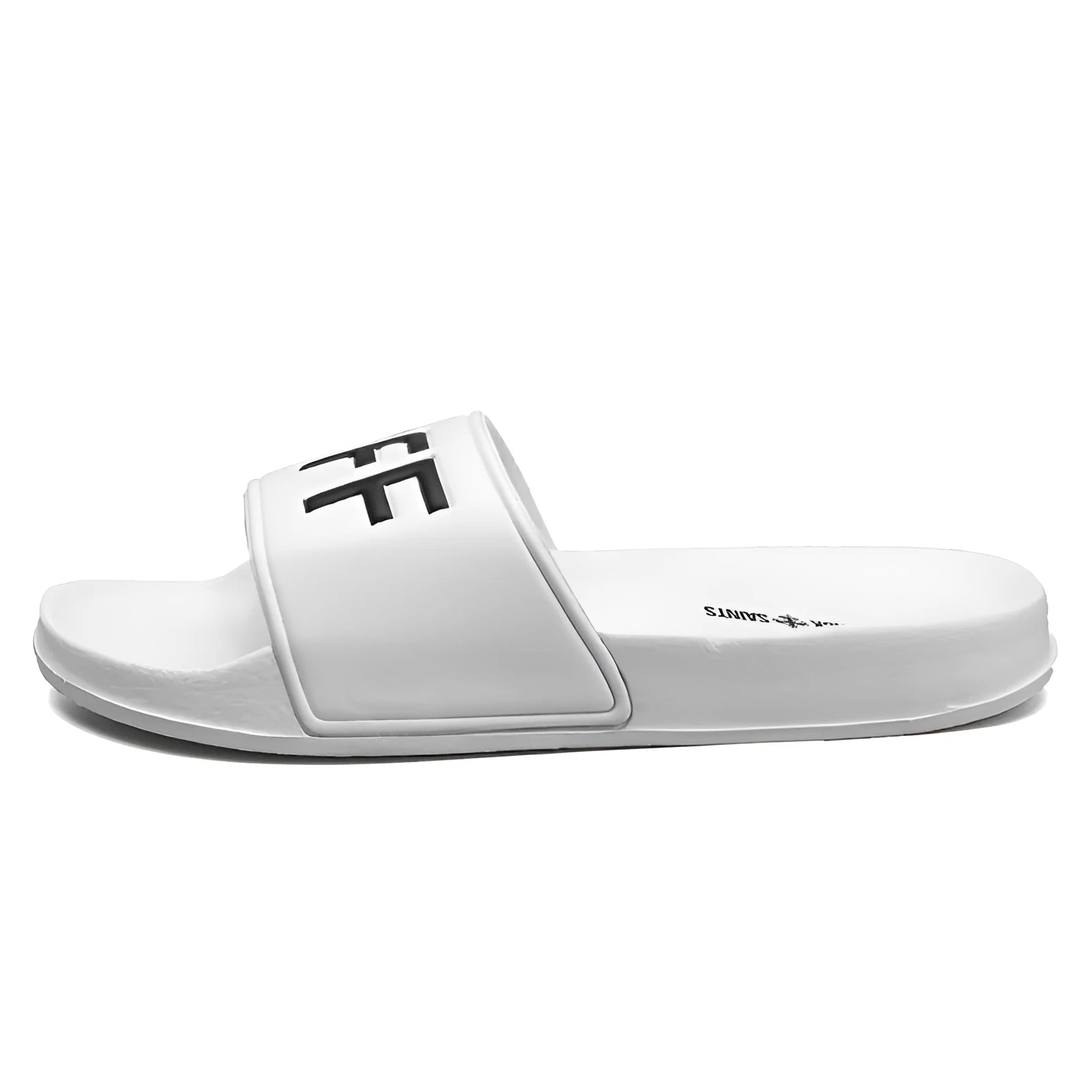 Large size men's open-toe slippers with rubber sole, shown in black and white colour options.