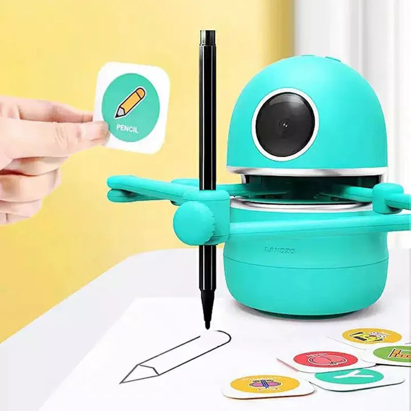 Painting robot for children with suction cup base and drawing cards on table