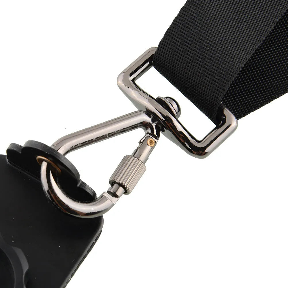 Black professional dual camera strap for SLR cameras shown ergonomically worn across the chest.