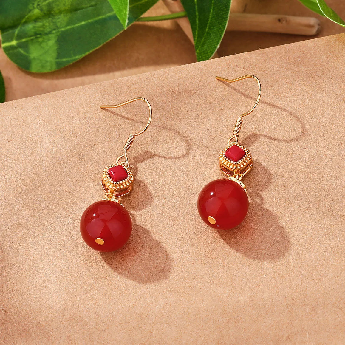 Southern red agate round beads earrings with S925 silver and jasper inlay on copper electroplated base, geometric design, one pair.