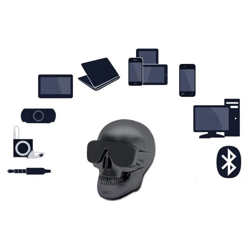 Skull-shaped wireless Bluetooth speaker with 10-hour battery in black, blue, gold, matte black, rose gold, or silver colours
