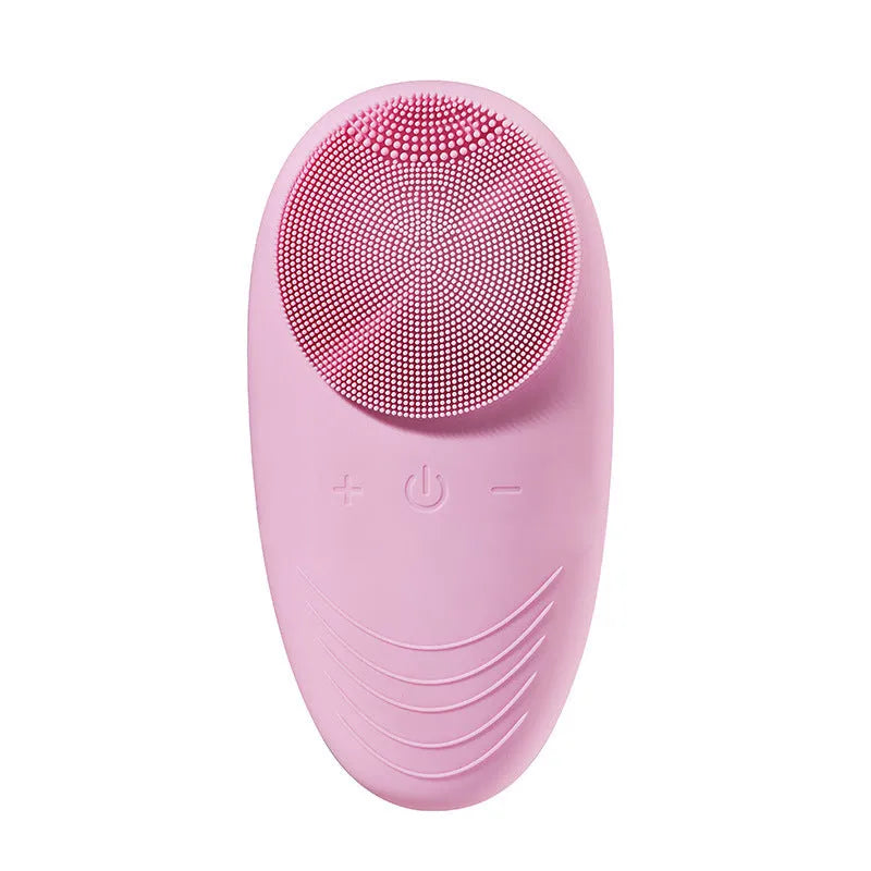 Mini electric facial cleansing brush with silicone head in pink, USB cable, compact 12x6x2.5cm