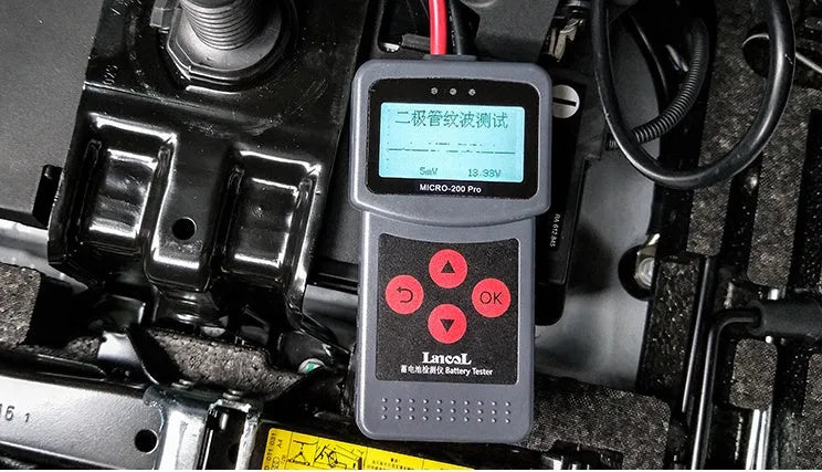 Black car battery tester with digital readout, 15cm length, for voltage and internal resistance measurement