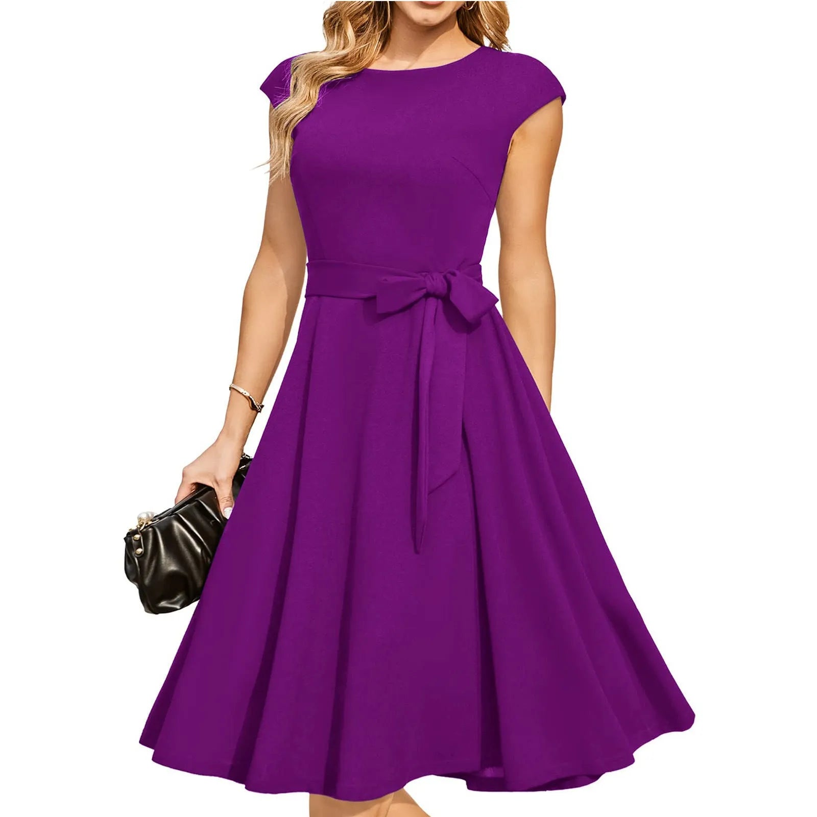 Sleeveless black midi dress with lace-up waist detail and a full swing skirt.