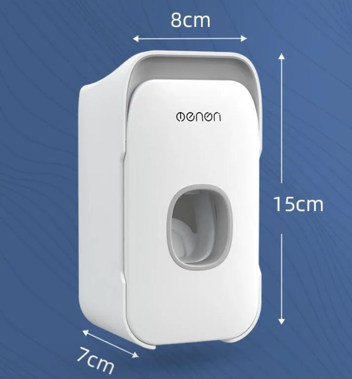 Automatic toothpaste dispenser in blue colour made from ABS plastic with a wall-mount design.